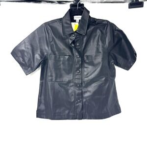 Evereve Quinn Black Faux Leather Short Sleeve Snap Front Shirt XS NEW